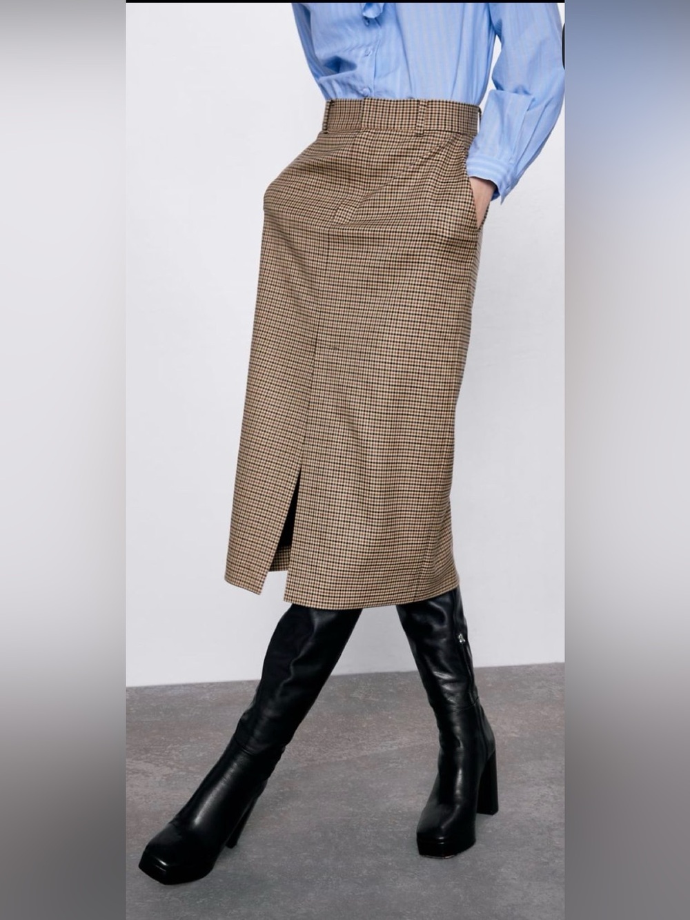 NWT Zara Tailored Brown Check Midi Skirt with Front Slit